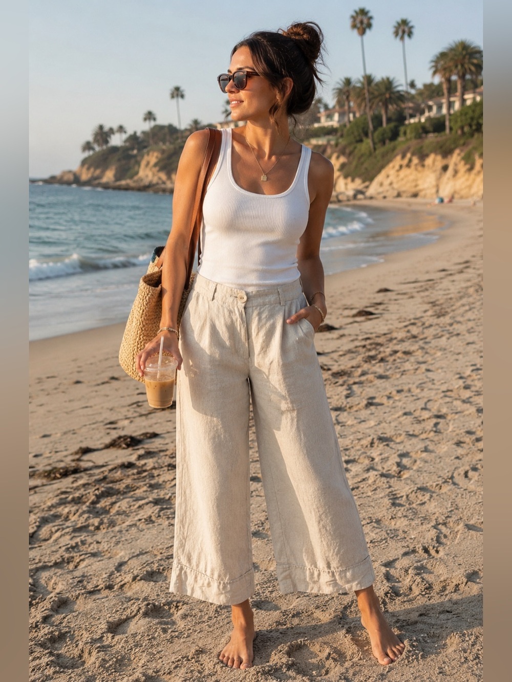 Light Beige Cropped Wide-Leg Linen Pants - Women